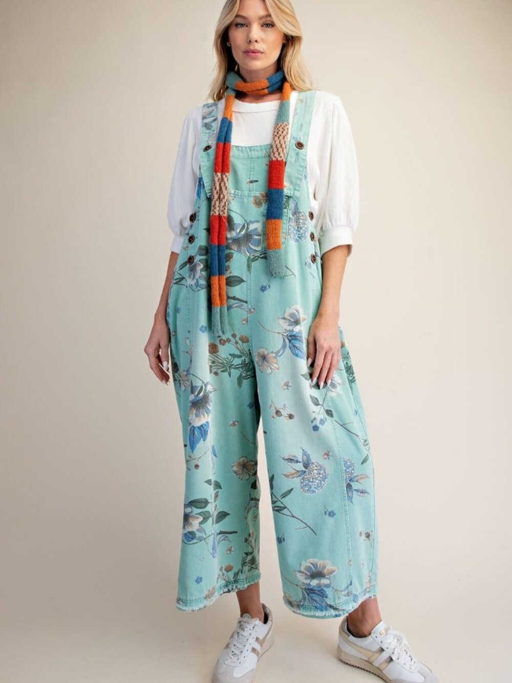EASEL FLOWER PRINTED WASHED DENIM OVERALLS DENIM FABRIC 68%COTTON 32%POLYESTER
